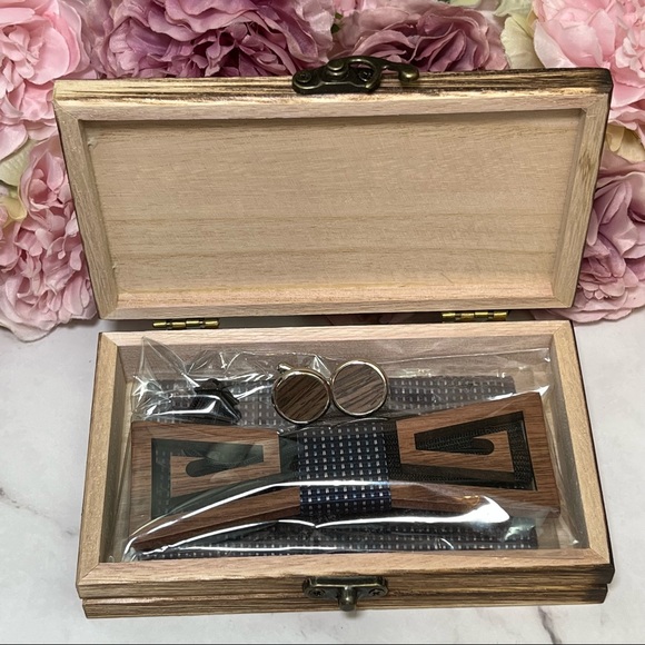 Handmade Wood Butterfly Bow Tie Cufflinks Navy Blue Pocket Square Set - Picture 14 of 16